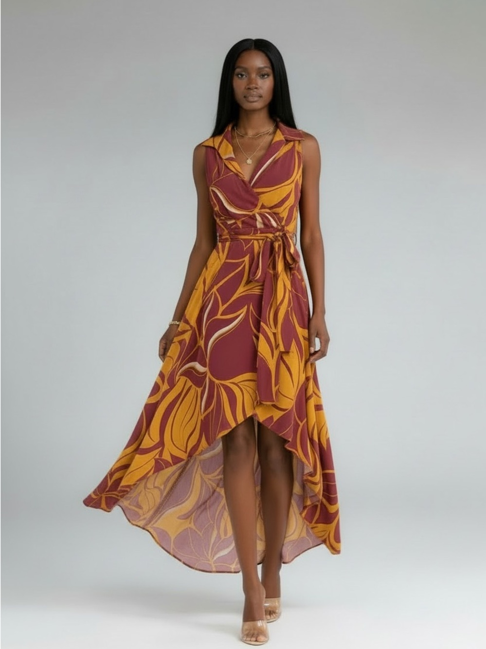 NWOT Sleeveless Wrap Hi-Low Dress in Burgundy and Mustard